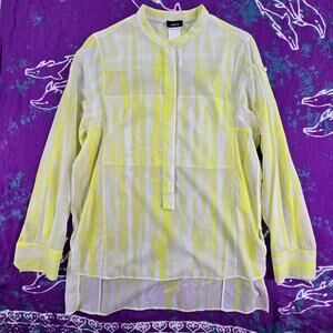AKRIS Womans Tie Dyed Cotton-voile Tunic Blouse Roll Tab Sleeve Chartreuse US 8